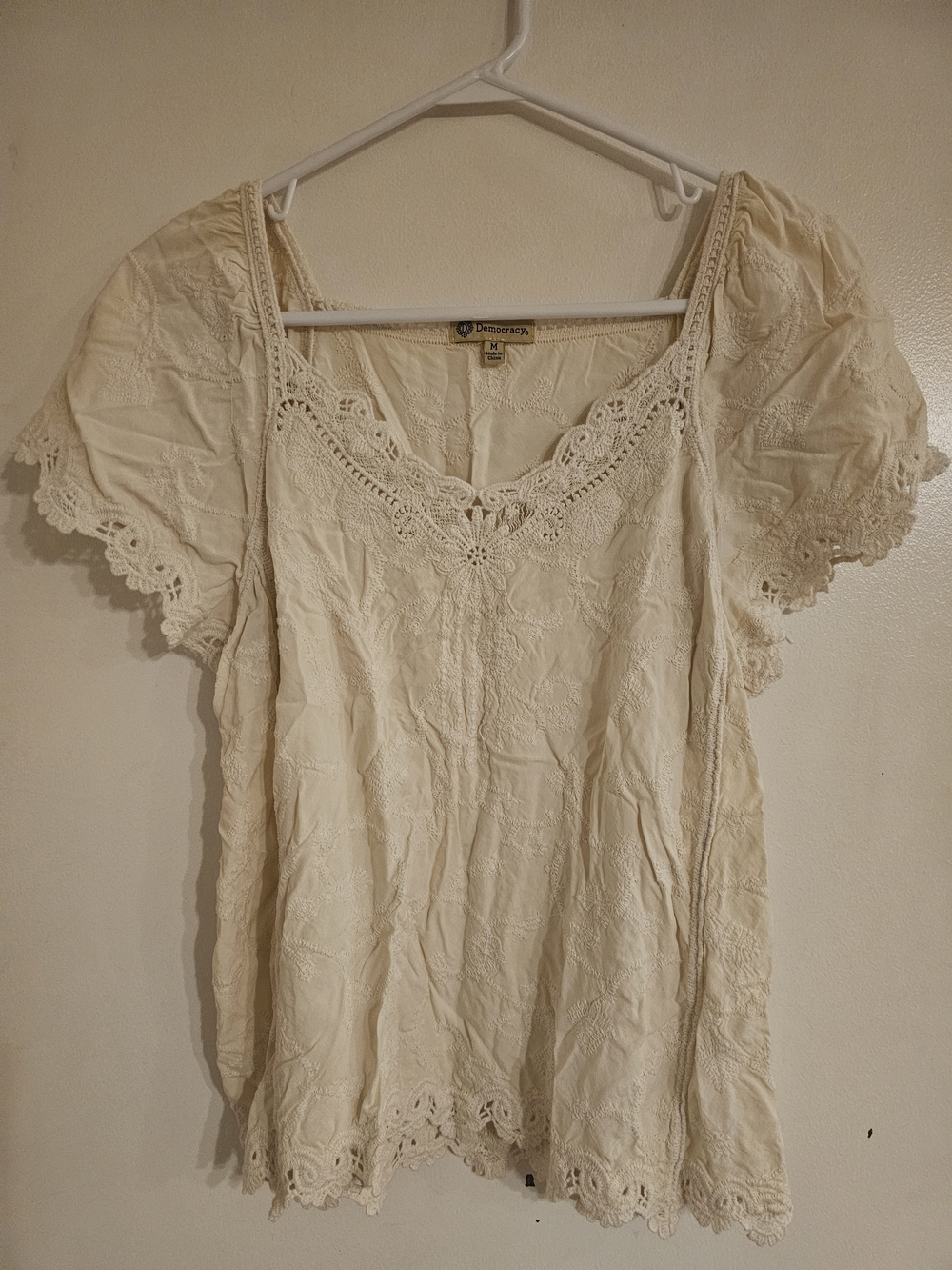 Democracy Cream Crochet-Trim Scoop Neck Blouse